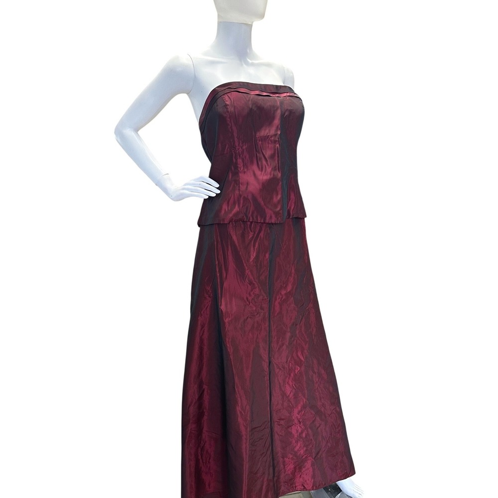 Vintage 90s Burgundy Iridescent Taffeta 2 Piece Strapless Formal Gown Skirt Set